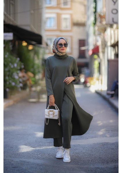 Tesettür Boğazlı Tunik Pantolon Takım Haki