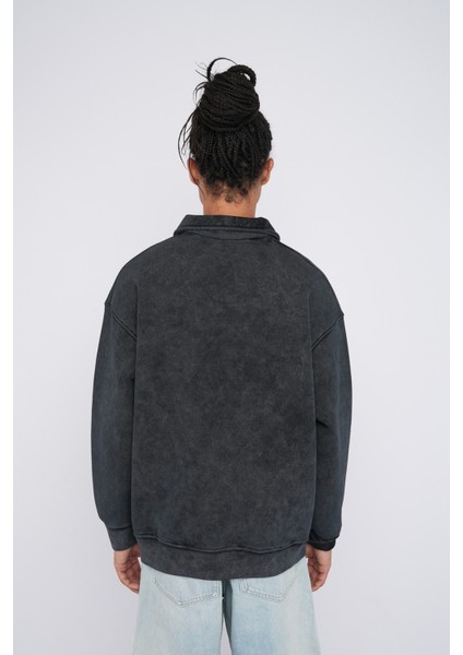 Vintage Görünümlü Oversize Polo Yaka Sweatshirt - Rahat Kalıp Pamuklu Erkek Sweat fırsatları