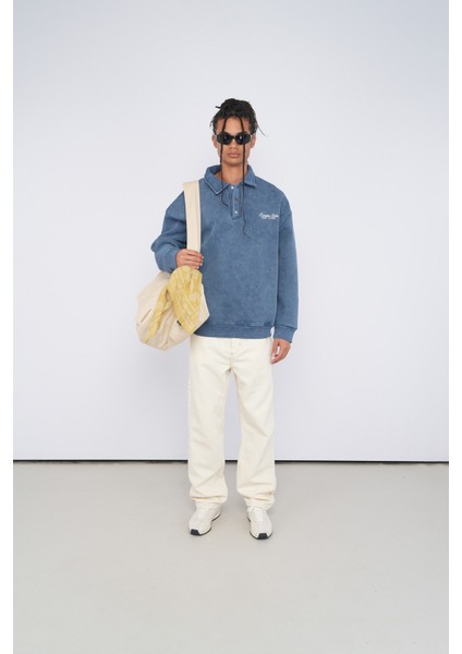 Vintage Görünümlü Oversize Polo Yaka Sweatshirt - Rahat Kalıp Pamuklu Erkek Sweat