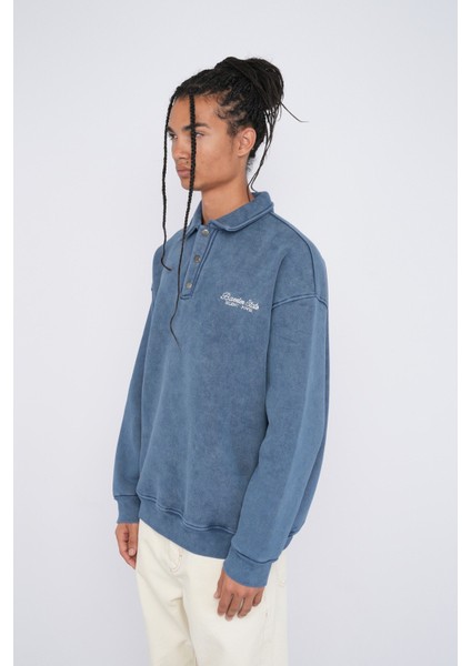 Vintage Görünümlü Oversize Polo Yaka Sweatshirt - Rahat Kalıp Pamuklu Erkek Sweat modelleri