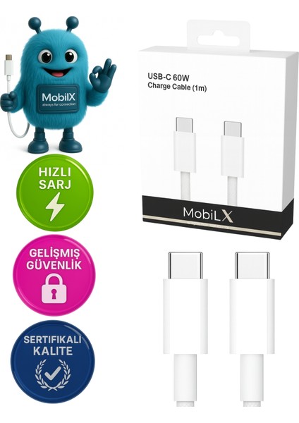 Mobilx Huawei Nova 9 Se Uyumlu 60W Type-C To Type-C Örgülü Şarj ve Data Kablosu (1m)