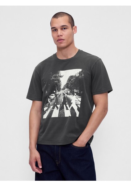 Erkek Koyu Gri The Beatles Relaxed Grafik T-Shirt