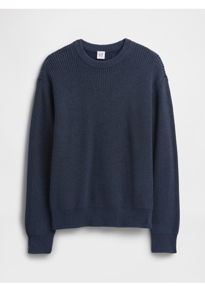 Erkek Çocuk Mavi Relaxed Shaker-Stitch Crewneck Kazak