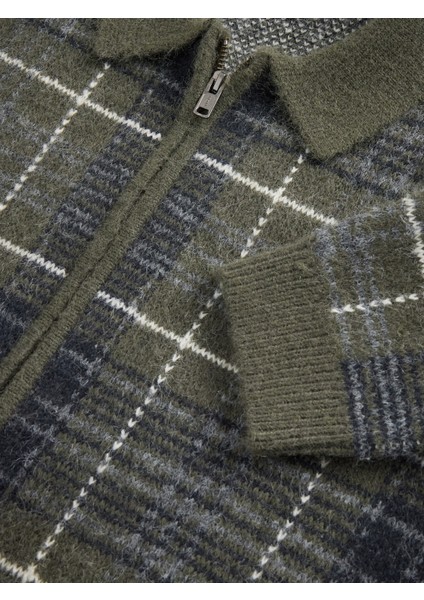 Erkek Yeşil Fermuarlı Kareli Brushed Hırka modelleri