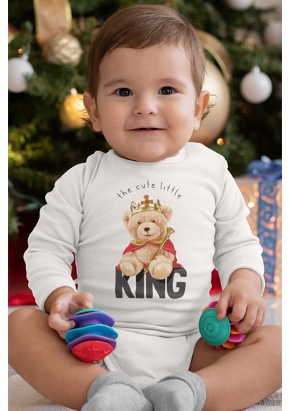 Organik %100 Pamuk Teddy Bear King Kral Baskılı Uzun Kollu Bebek Çıtçıtlı Body Badi Zıbın Tulum 5367