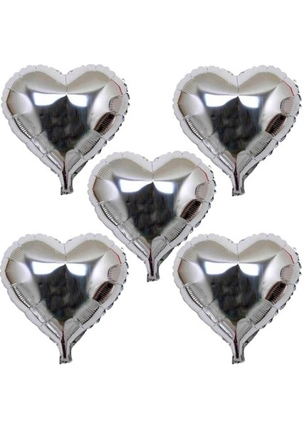 Kalp Şekilli Gümüş Renk Folyo Balon 45 cm 5 Adet (5148)