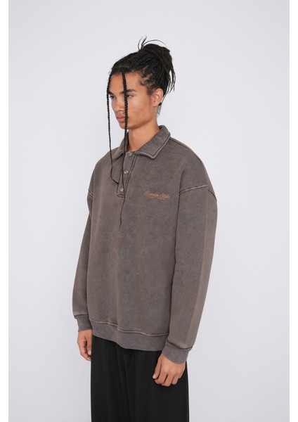 Vintage Görünümlü Oversize Polo Yaka Sweatshirt - Rahat Kalıp Pamuklu Erkek Sweat modelleri