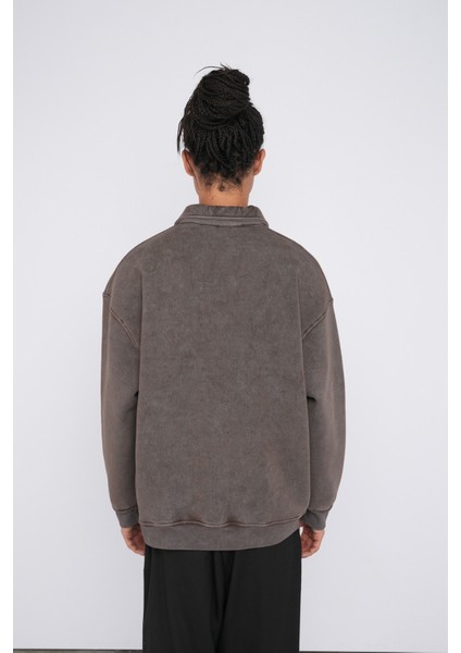Vintage Görünümlü Oversize Polo Yaka Sweatshirt - Rahat Kalıp Pamuklu Erkek Sweat fırsatları