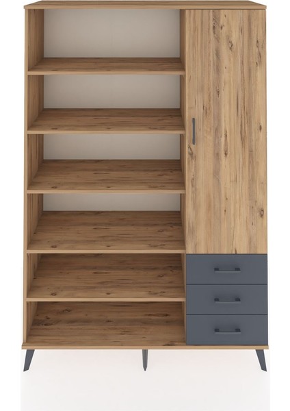 Hyperion Dolap 9 Raflı 3 Çekmeceli Tek Kapaklı 132X44X195 Çam-Çam/antrasit