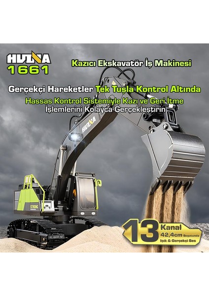 Huına 1661 1/18 13CH Kazıcı Ekskavatör Iş Makinesi Inşaat Uzaktan Kumandalı Rc Model Metal Kepçeli - 2.4ghz Gerçekçi Similasyon Ses ve Işık Sistemi modelleri