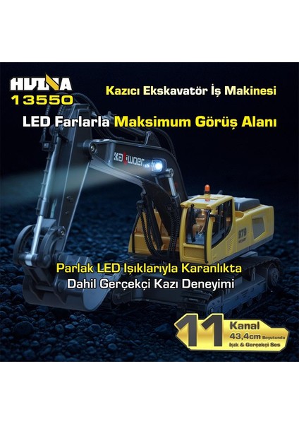 Huına Kaliwo 13550 1/18 11CH Kazıcı Ekskavatör Iş Makinesi Inşaat Uzaktan Kumandalı Rc Model Metal Kepçeli Sarı - 2.4ghz Gerçekçi Similasyon Ses ve Işık Sistemi fiyatları