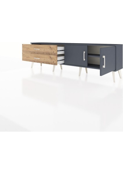 Arges Tv Ünitesi Tek Raflı 2 Çekmeceli 2 Kapaklı 176X30X51 Antrasit-Antrasit/çam modelleri