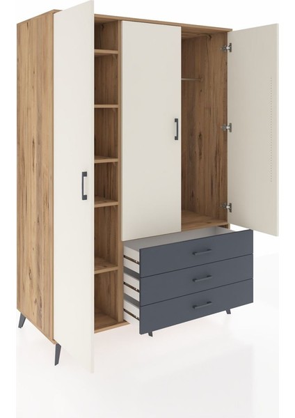 Kronos Dolap 6 Raflı 3 Çekmeceli Tek Askılı 132X59X195 Çam-Aytaşı/antrasit indirimleri