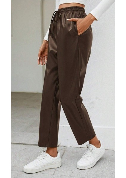 Kadın Yüksel Bel Bağcıklı Deri Pantolon modelleri