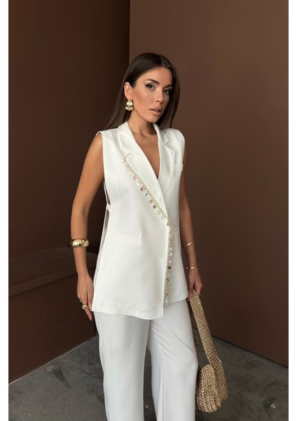 Yaka Midye Kabuğu Sıralı Yelek - Pantolontakım Keten Kumaş - Beyaz fiyatları