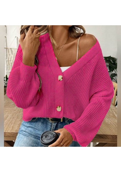 Kadın Uzun Kollu Düğme Detay Triko Bluz