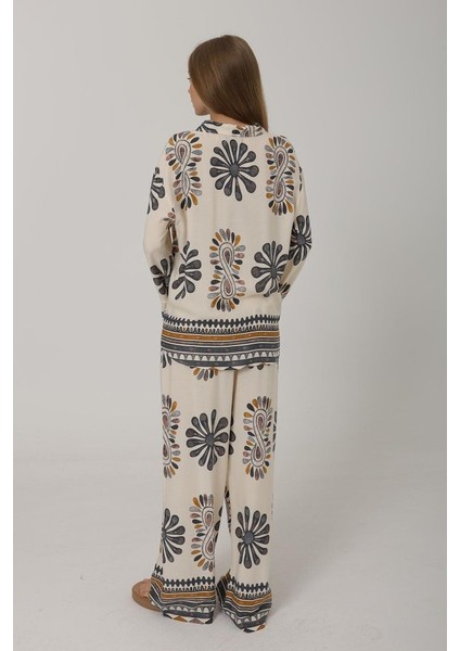 Desenli Kolları Volanlı Pantolon Takım - Antrasit modelleri