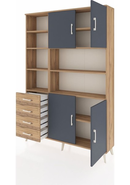 Arges Dolap 9 Raflı 4 Çekmeceli 4 Kapaklı 132X30X195 Çam-Antrasit/çam modelleri