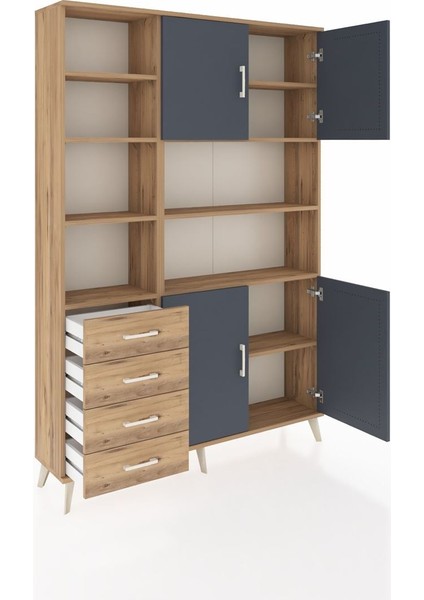 Arges Dolap 9 Raflı 4 Çekmeceli 4 Kapaklı 132X30X195 Çam-Antrasit/çam indirimleri