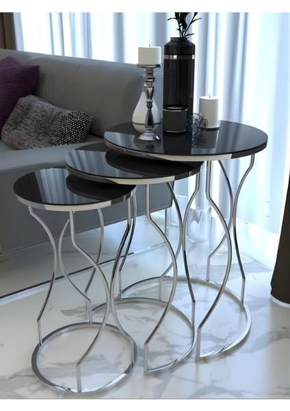 3'lü Rüya Zigon Sehpa Seti Gümüş Ayak Siyah Cam