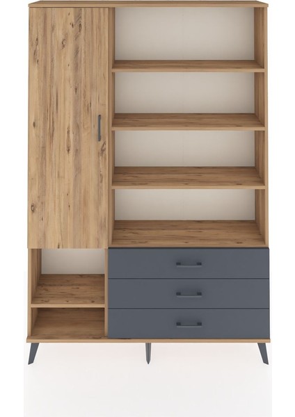 Arges Dolap 9 Raflı 3 Çekmeceli Tek Kapaklı 132X30X195 Çam-Çam/antrasit