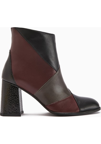 Ylwa Hakiki Deri Siyah Bordo Topuklu Kadın Bot