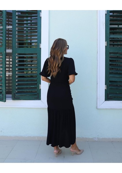 Kadın Kısa Kollu Bisiklet Yakalı Yandan Yırtmaçlı Büzgülü Janjan Krep Elbise indirimleri