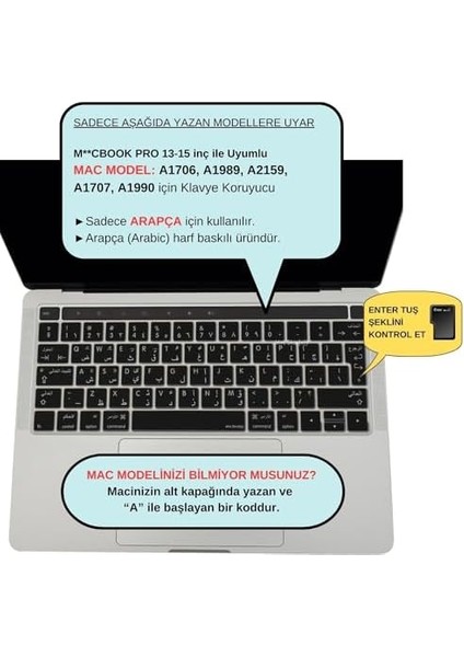 MacBook Klavye Koruyucu Silikon Kılıf Arapça Baskılı Uk-Ters L Enter Tipi Touchbar Pro 13-15 Inç A1706,A1989,A2159,A1707,A1990 Uyumlu,ince Hafif Yıkanabilir Silikon Klavye Filmi Siyah fiyatları