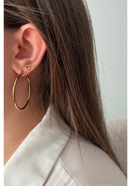 12'li Gold Paslanmaz Çelik Mega Küpe Seti - 3 Boy Halka, Kalp ve Yıldız Kombini