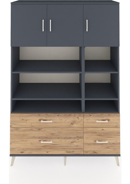 Hyperion Dolap 10 Raflı 4 Çekmeceli 3 Kapaklı 132X44X195 Antrasit-Antrasit/çam