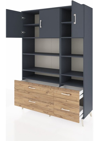 Hyperion Dolap 10 Raflı 4 Çekmeceli 3 Kapaklı 132X44X195 Antrasit-Antrasit/çam modelleri