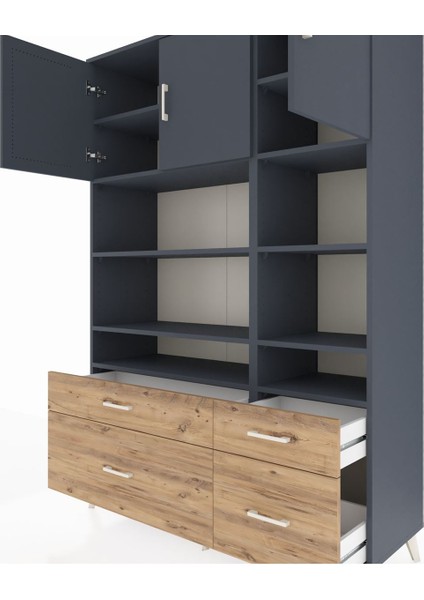 Hyperion Dolap 10 Raflı 4 Çekmeceli 3 Kapaklı 132X44X195 Antrasit-Antrasit/çam fırsatları