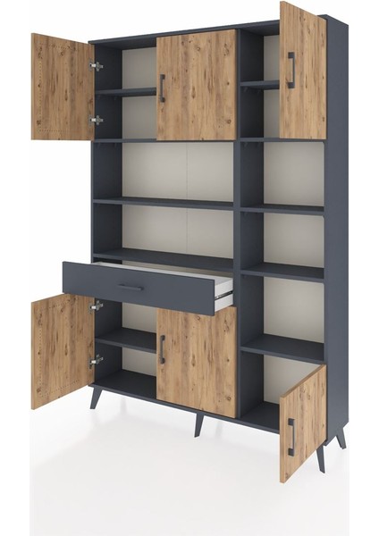 Arges Dolap 10 Raflı Tek Çekmeceli 6 Kapaklı 132X30X195 Antrasit-Çam/antrasit modelleri