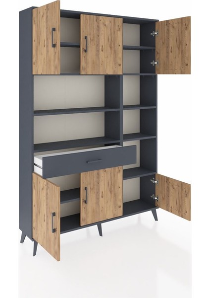 Arges Dolap 10 Raflı Tek Çekmeceli 6 Kapaklı 132X30X195 Antrasit-Çam/antrasit indirimleri