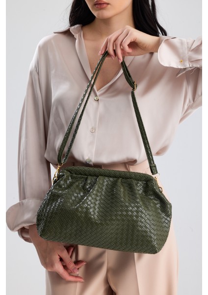 Liora Haki Örgü Detaylı Portföy Kadın Omuz, Kol ve El Çantası