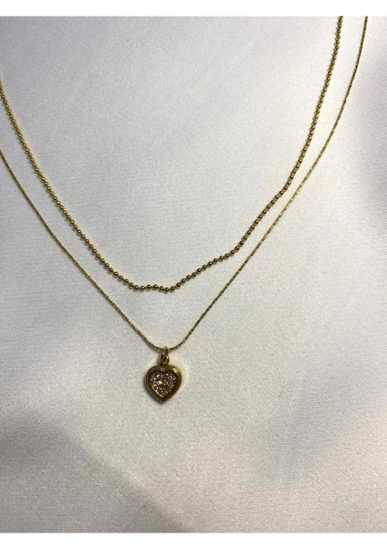 Altın Kaplama Kalp Ikili Zincir Çelik Kolye