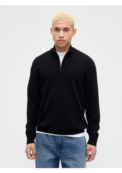 Erkek Siyah Relaxed Yarım Fermuarlı Mockneck Kazak