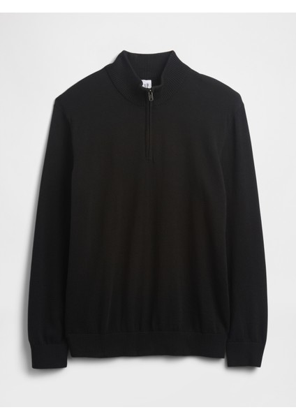 Erkek Siyah Relaxed Yarım Fermuarlı Mockneck Kazak modelleri