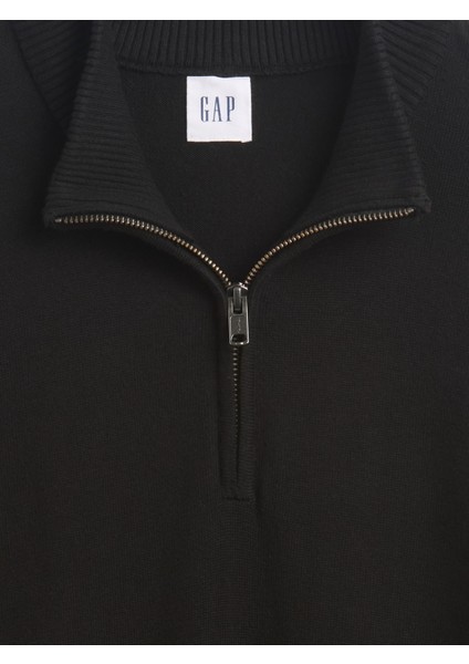 Erkek Siyah Relaxed Yarım Fermuarlı Mockneck Kazak fırsatları