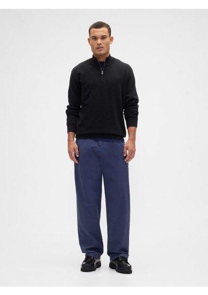 Erkek Siyah Relaxed Yarım Fermuarlı Mockneck Kazak
