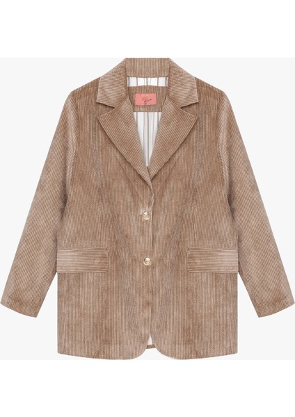 Broş Aksesuarlı Kadife Blazer Ceket Camel