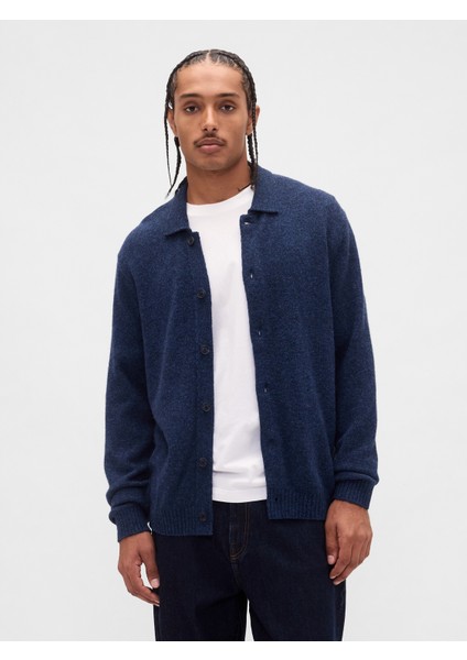 Erkek Mavi Merino Yünü Karışımlı Hırka Kazak