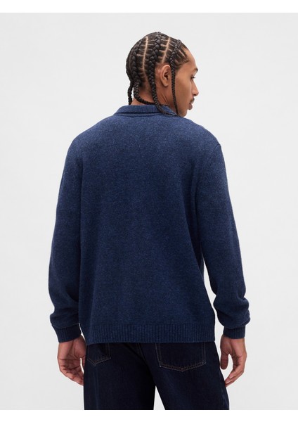 Erkek Mavi Merino Yünü Karışımlı Hırka Kazak fırsatları