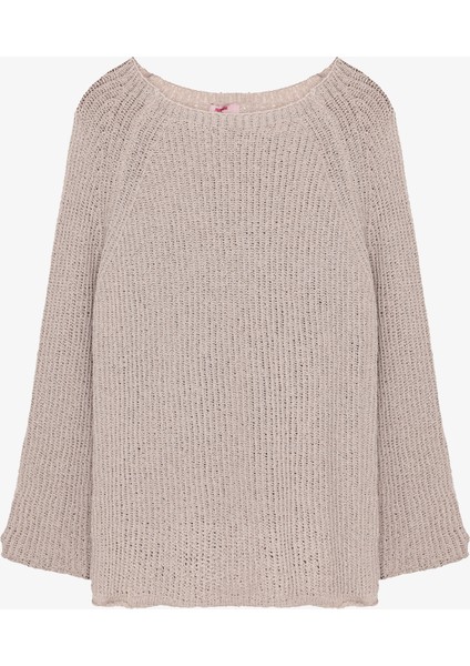 Kayık Yaka Oversize Triko Kazak Bej