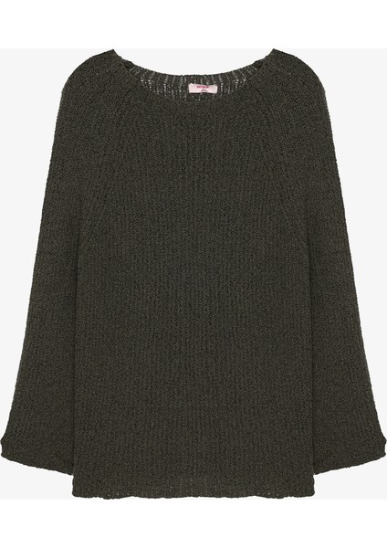 Kayık Yaka Oversize Triko Kazak Haki