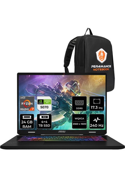 Msı Crosshair A17 Hx Amd Ryzen 7 8840HX 24GB 4tb+4tb SSD RTX5070/8GB 115W 17" Qhd+ 240Hz Fdos Taşınabilir Bilgisayar & Per4 Çanta D8WGKG038XTRP318
