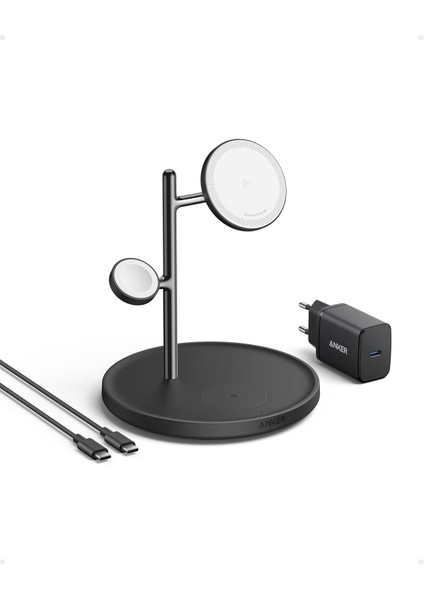 3'ü 1 Arada Şarj Istasyonu, Qi2 Sertifikalı 15W Uyumlu Kablosuz Şarj,, 15/14 Için,, 9 (40W Usb-C Şarj Cihazı Dahil), Siyah