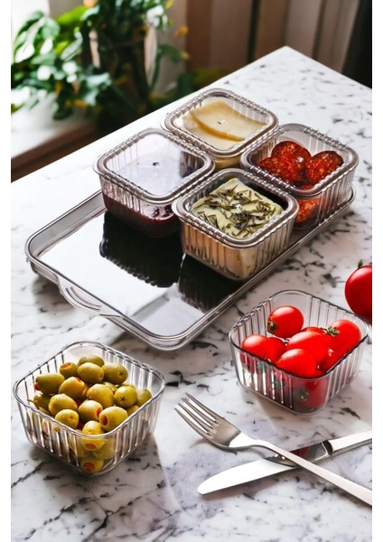 Tepsili 6'lı Kapaklı Kare Kahvaltı Seti | Lüx Akrilik Kahvaltılık Sunum Seti Şeffaf