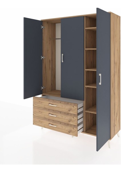 Hyperion Dolap 6 Raflı 3 Çekmeceli Tek Askılı 132X44X195 Çam-Antrasit/çam modelleri