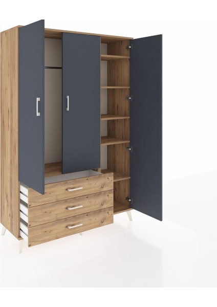 Hyperion Dolap 6 Raflı 3 Çekmeceli Tek Askılı 132X44X195 Çam-Antrasit/çam indirimleri